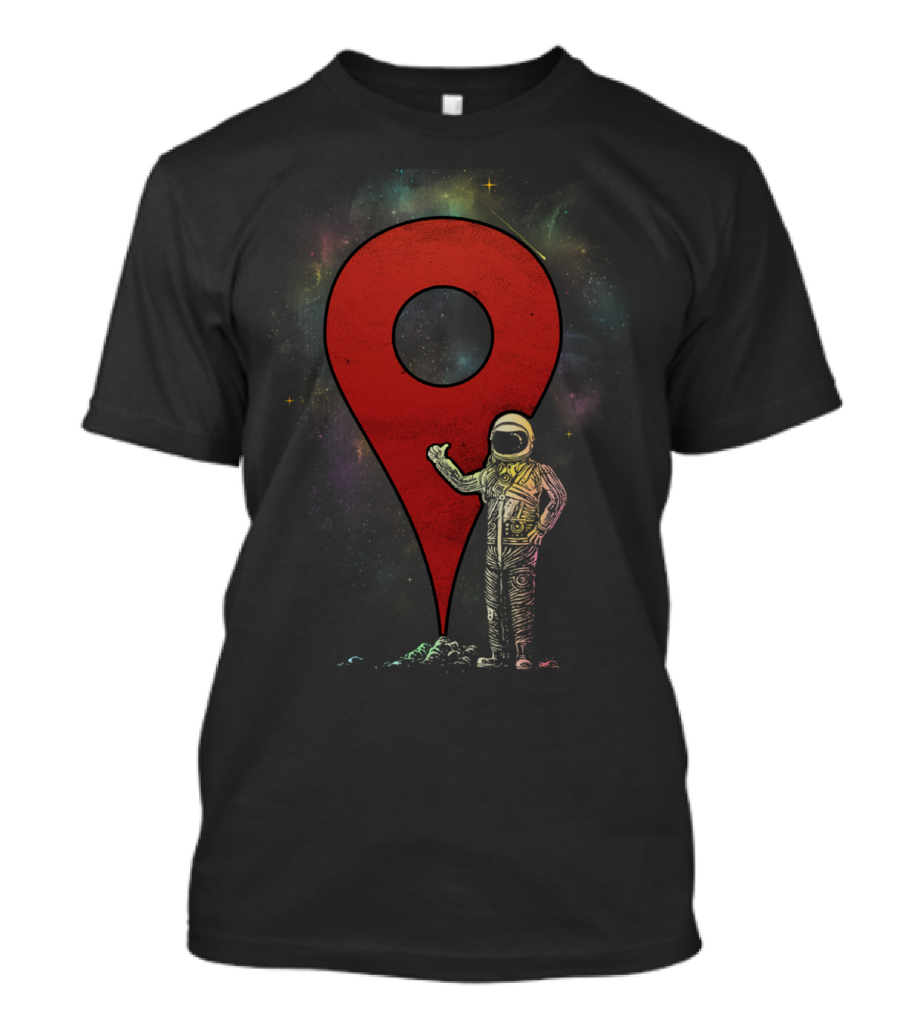 Destination Marked Space Astronaut And Red Map Pin Galaxy Background T-Shirt