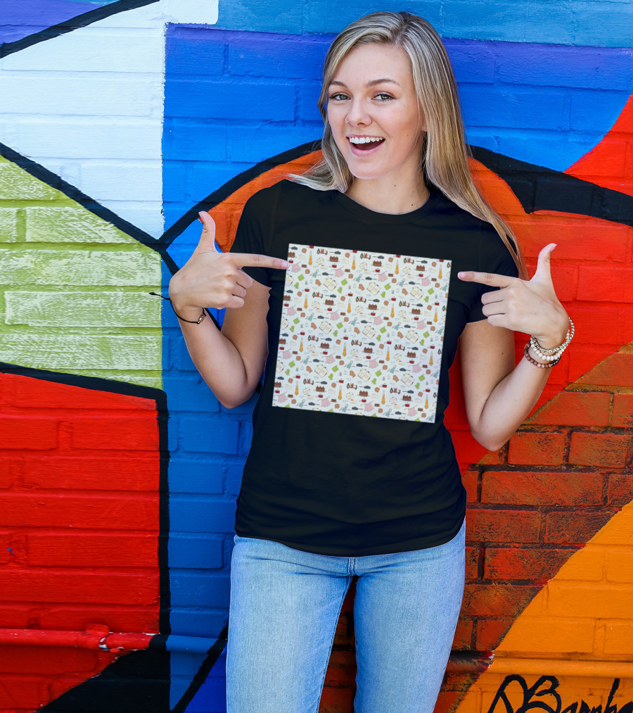 Baking Utensils And Ingredients Pattern With Cakes And Recipes T-Shirt
