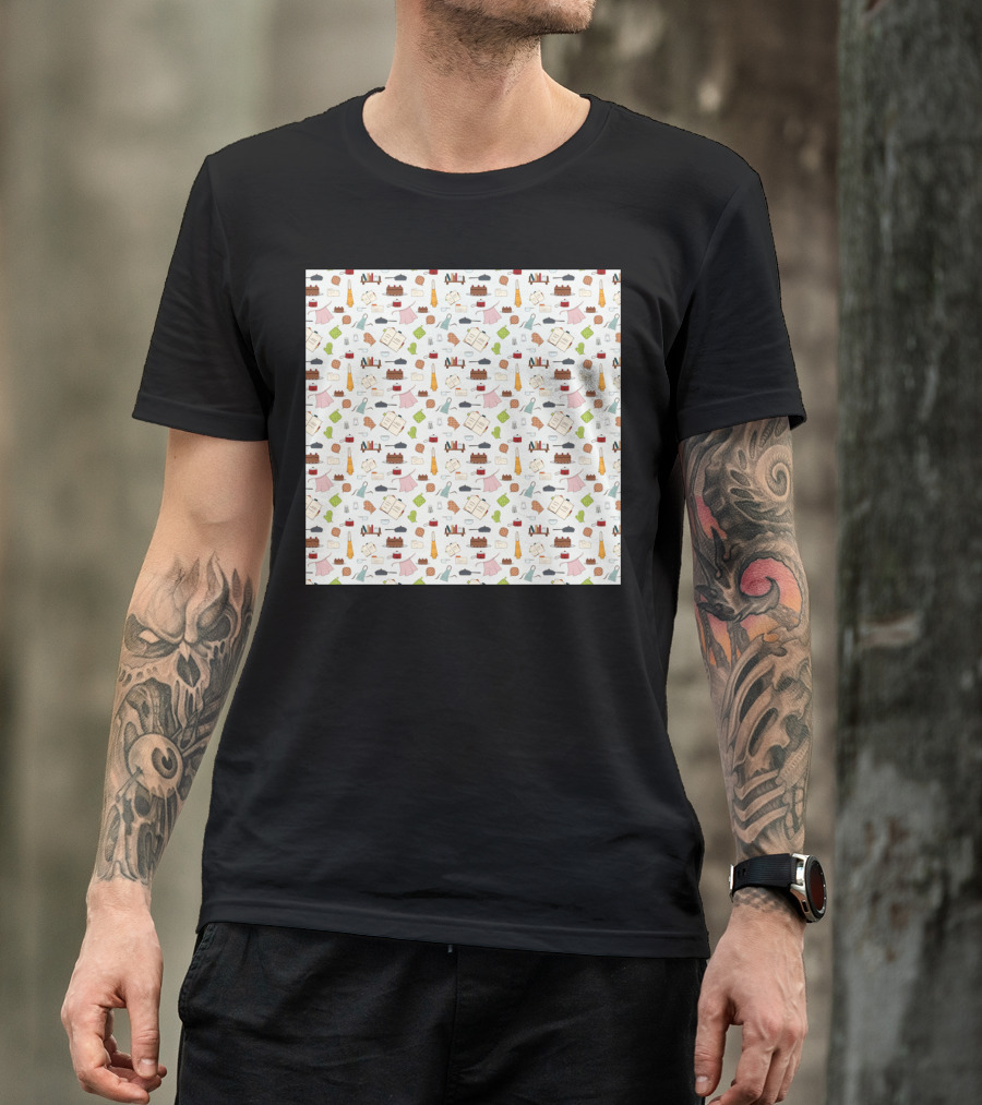 Baking Utensils And Ingredients Pattern With Cakes And Recipes T-Shirt