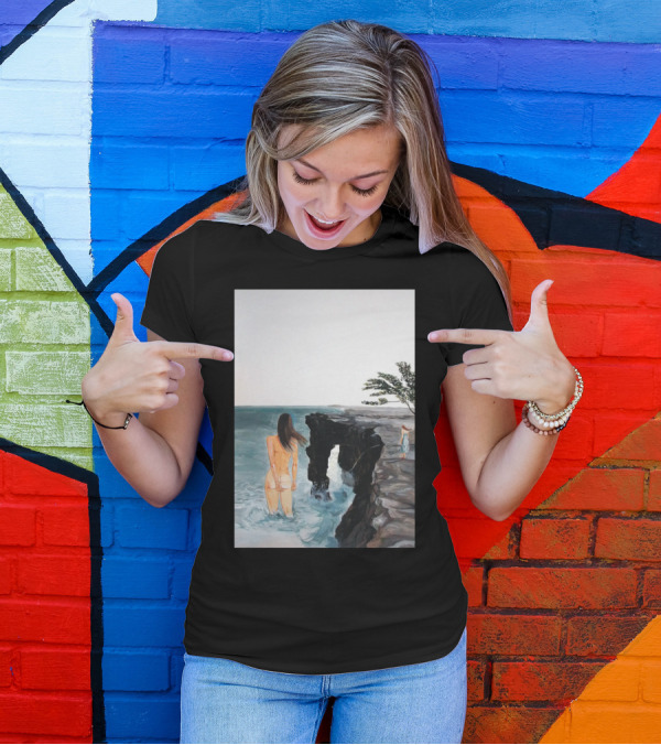 Destinies La Coastal Cliff Art With Ocean View And Woman In Water T-Shirt