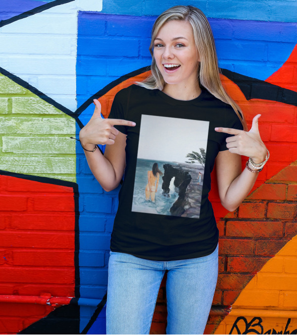 Destinies La Coastal Cliff Art With Ocean View And Woman In Water T-Shirt