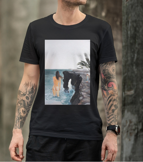 Destinies La Coastal Cliff Art With Ocean View And Woman In Water T-Shirt