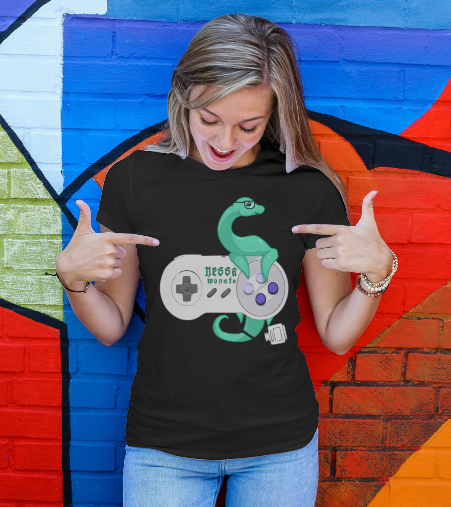 NessaMonsta Nessie Dinosaur Retro Game Controller T-Shirt