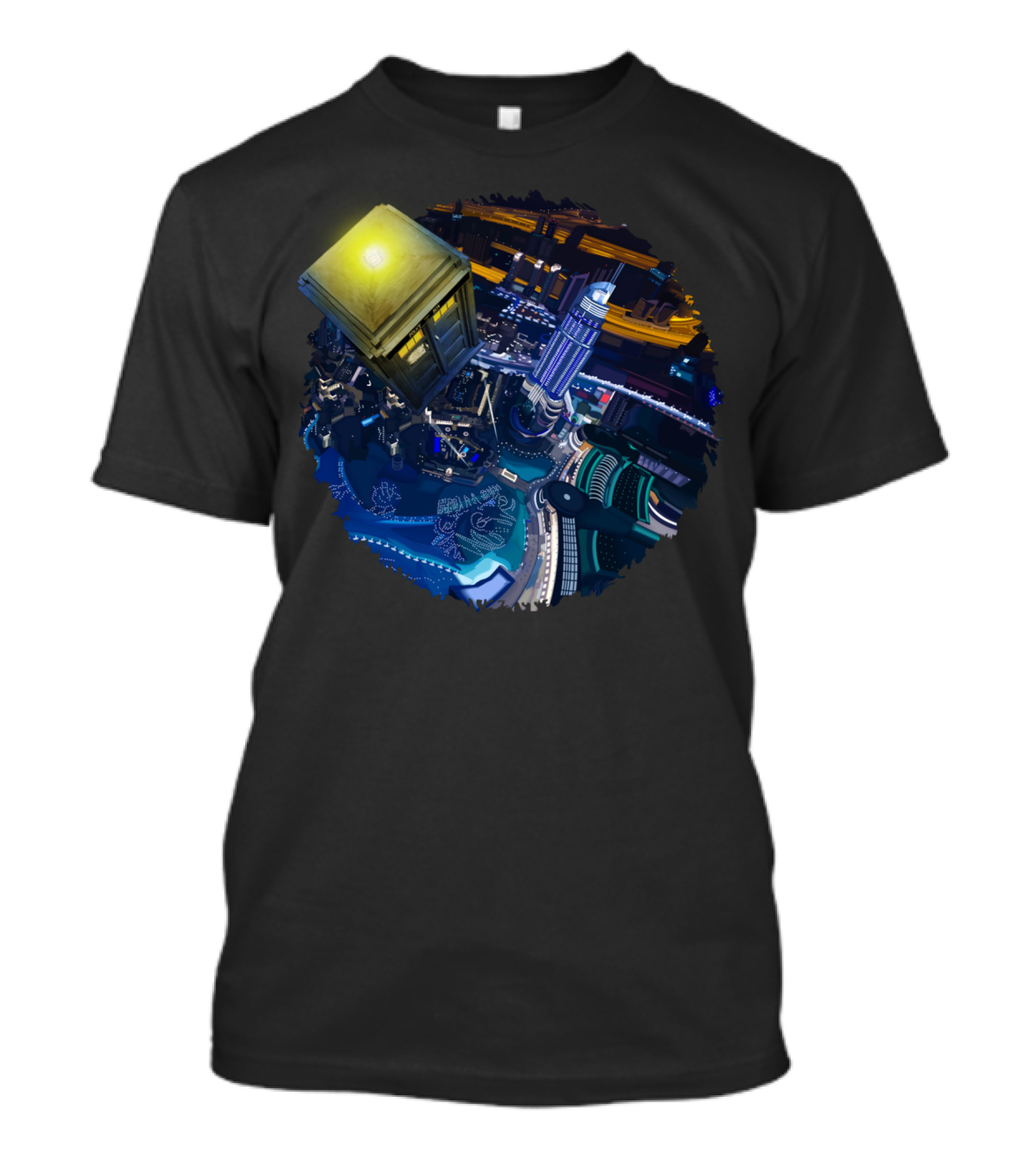 Flying Blue Phone Box Over Futuristic Cityscape At Modern Starry Night T-Shirt