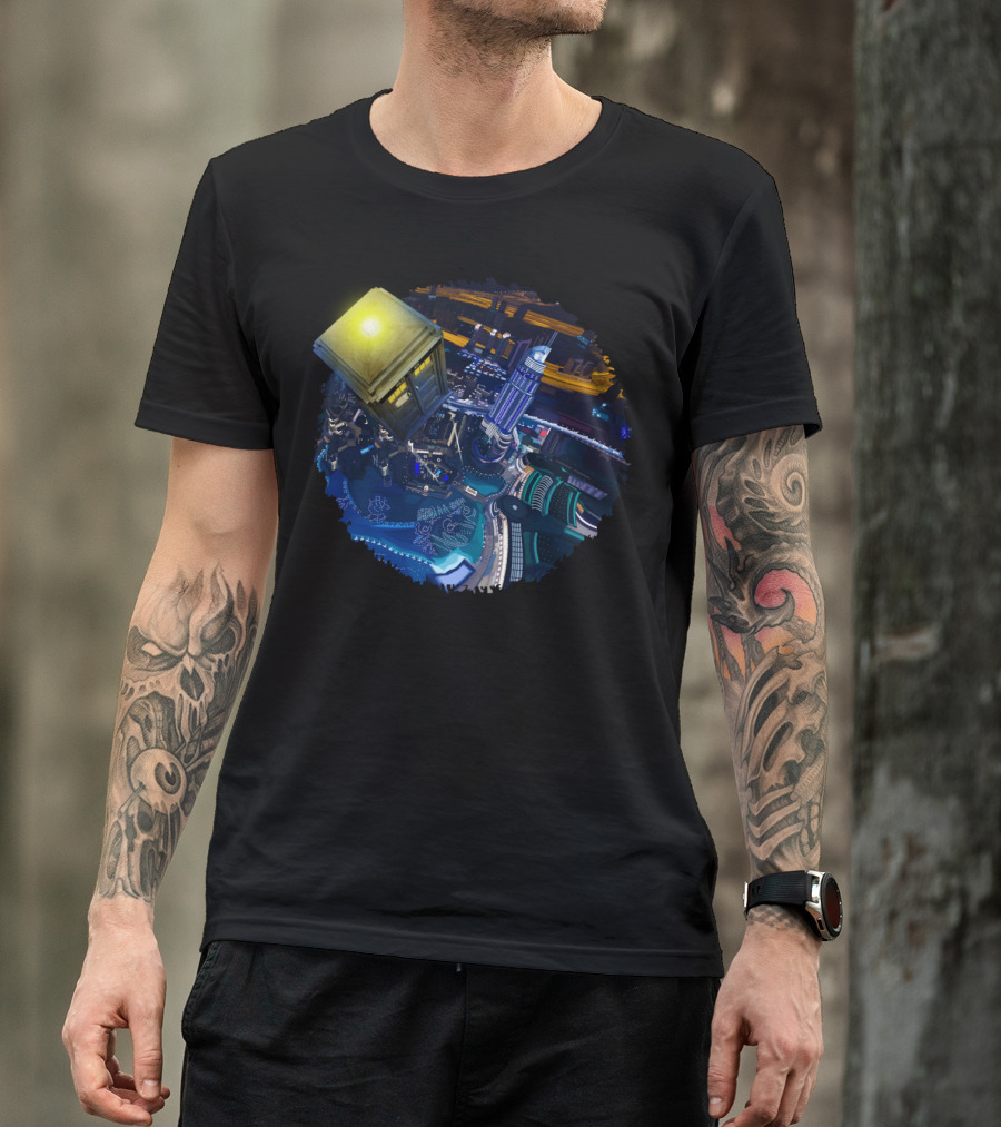 Flying Blue Phone Box Over Futuristic Cityscape At Modern Starry Night T-Shirt
