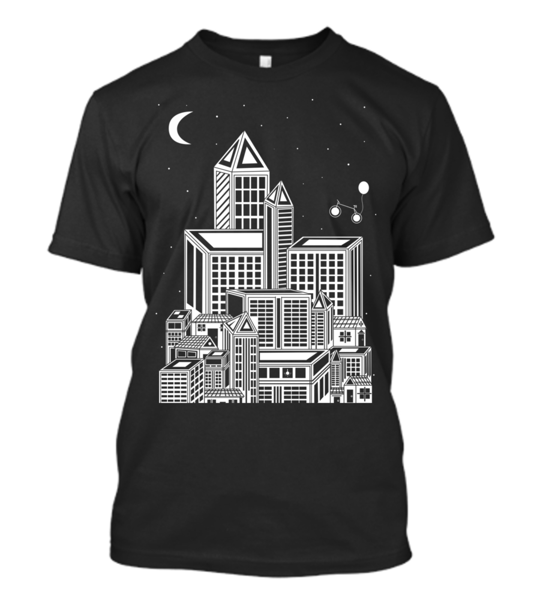 A Night At Town With Geometric Skyline And Crescent Moon T-Shirt