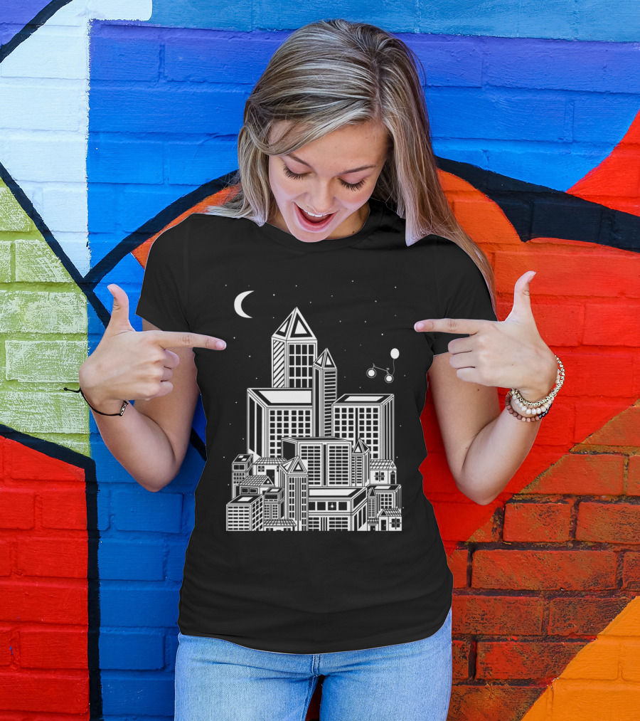 A Night At Town With Geometric Skyline And Crescent Moon T-Shirt