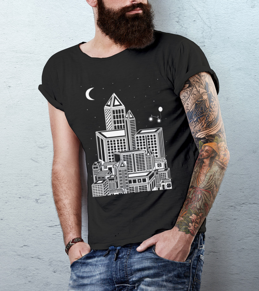 A Night At Town With Geometric Skyline And Crescent Moon T-Shirt