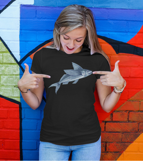 Flying Fish Drawing Realistic Blue T-Shirt