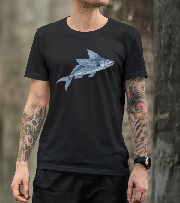 Flying Fish Drawing Realistic Blue T-Shirt