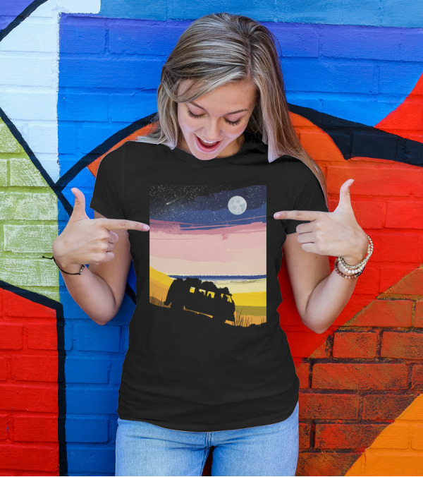 By The Sea Fullmoon Adventures Under Starry Night Beach Bus Journey T-Shirt