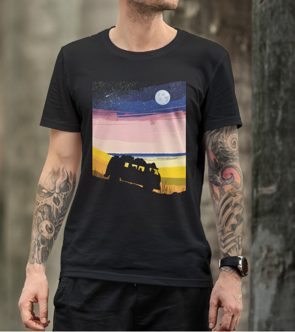 By The Sea Fullmoon Adventures Under Starry Night Beach Bus Journey T-Shirt