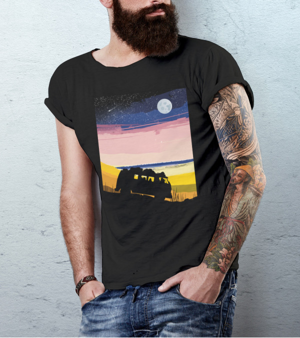 By The Sea Fullmoon Adventures Under Starry Night Beach Bus Journey T-Shirt