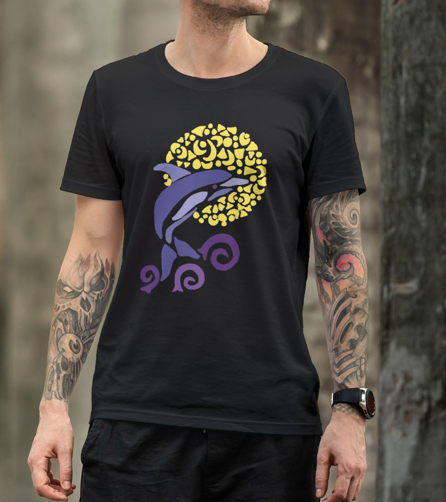 Cool Artistic Leaping Dolphins In The Moonlit Night T-Shirt