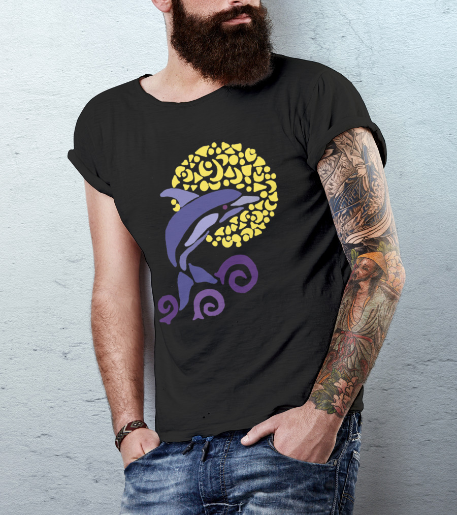 Cool Artistic Leaping Dolphins In The Moonlit Night T-Shirt