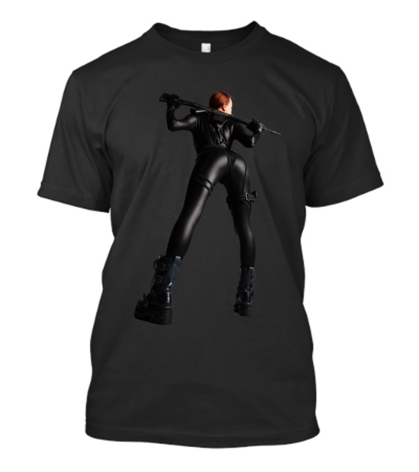 Hot Leather Girl Dominating Stance In Black T-Shirt