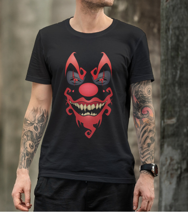 Evil Dark Red Clown Face With Creepy Smile And Sharp Eyes T-Shirt