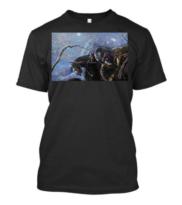 Viking Storm In Snowy Battle Scene With Warriors And Horses T-Shirt