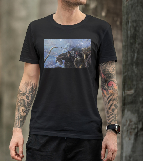Viking Storm In Snowy Battle Scene With Warriors And Horses T-Shirt
