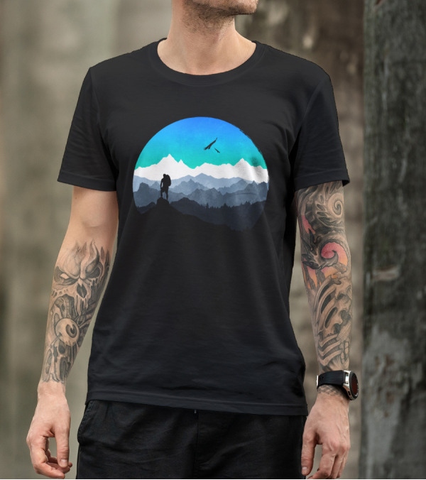 Everest Mountain Climber Silhouette With Scenic Peaks And Birds T-Shirt