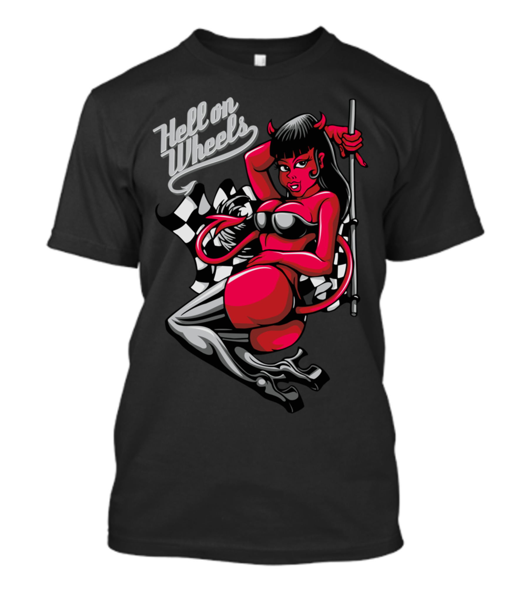 Hell On Wheels Devil Pin Up Girl With Checkered Flag And High Heels T-Shirt
