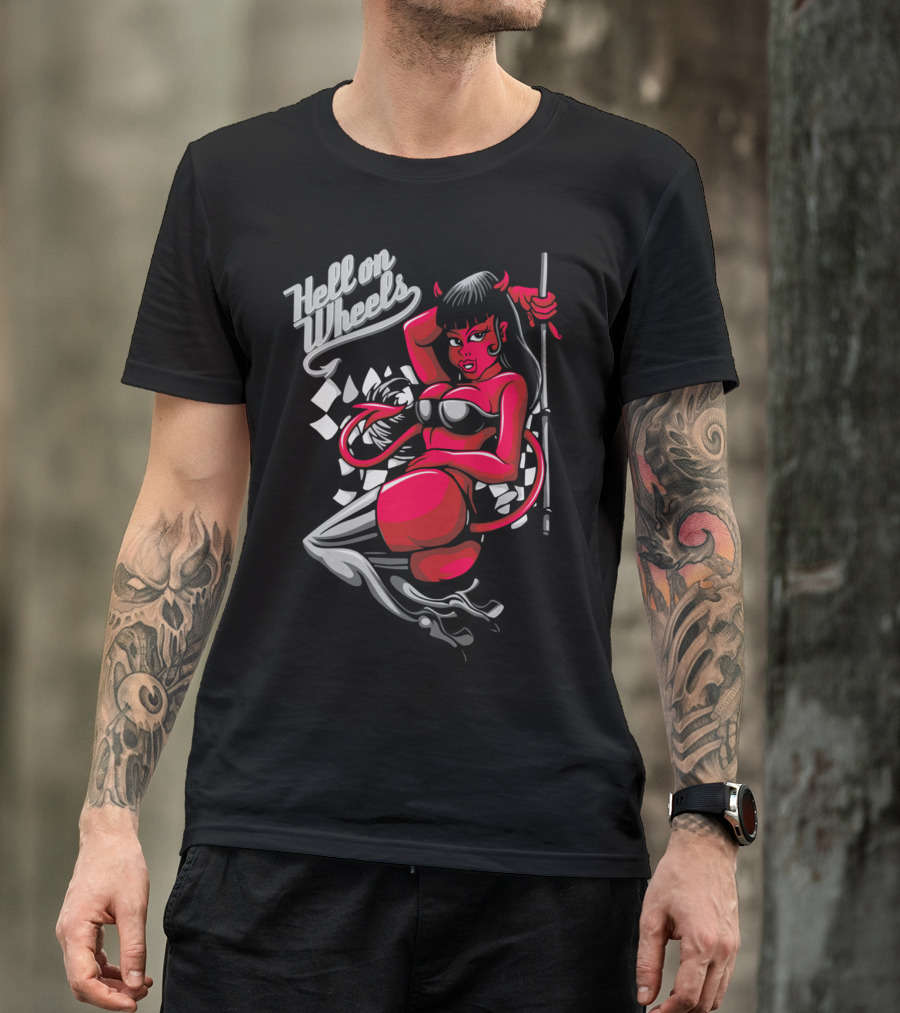 Hell On Wheels Devil Pin Up Girl With Checkered Flag And High Heels T-Shirt