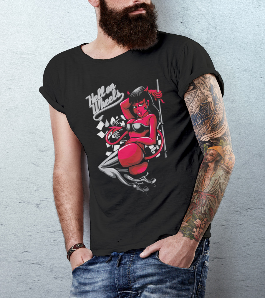 Hell On Wheels Devil Pin Up Girl With Checkered Flag And High Heels T-Shirt