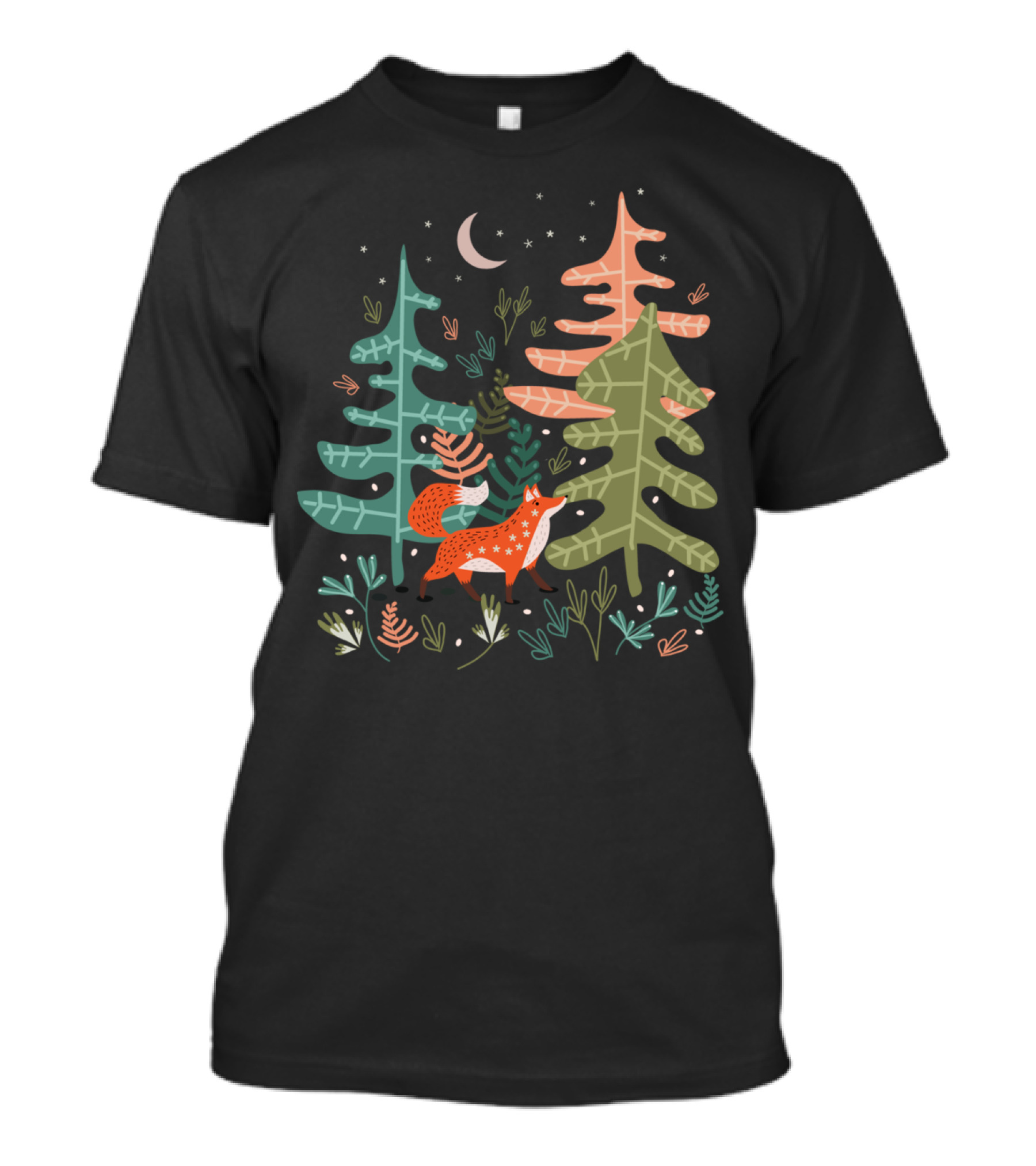 Evergreen Fox Tale Moonlit Forest Scene T-Shirt