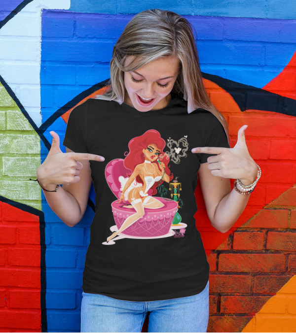Miss Fluff Hot Valentina Pin-Up Style With Red Hair And Heart Smoke T-Shirt
