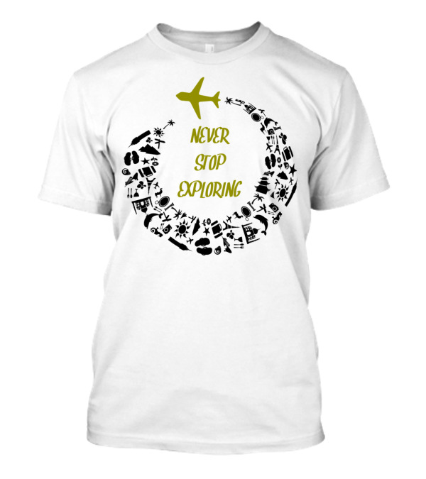 NEVER STOP EXPLORING Simply Travel Adventure Icons T-Shirt