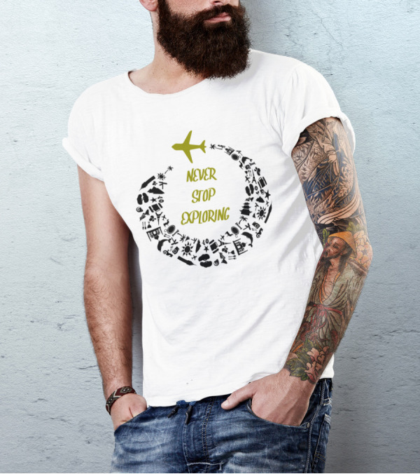 NEVER STOP EXPLORING Simply Travel Adventure Icons T-Shirt