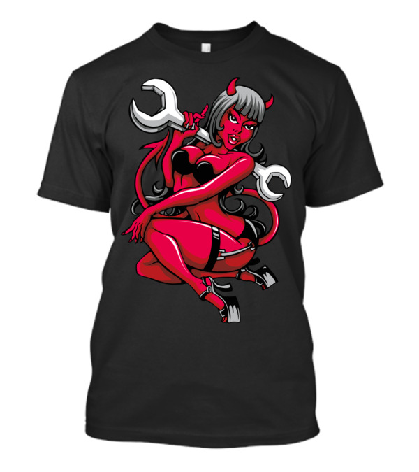 Devil Pin Up Girl Seductively Posing With Large Wrench And Horns T-Shirt