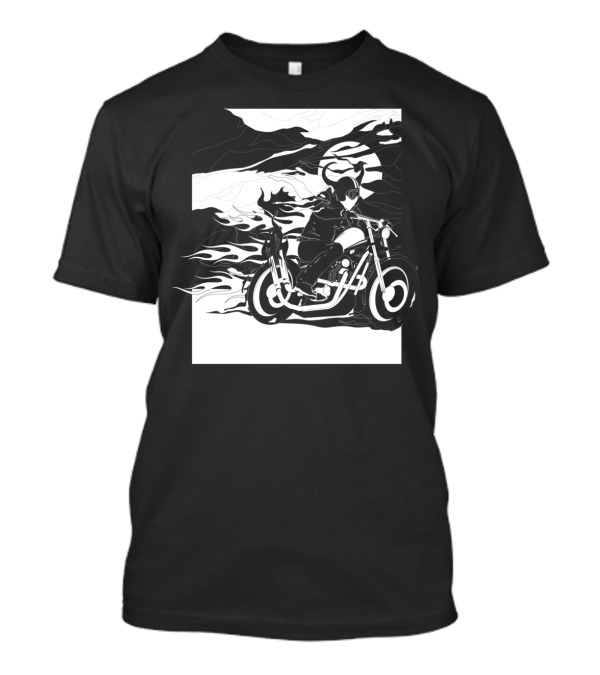 Devil Rider On Fiery Motorcycle With Flames In Black And White Scene T-Shirt