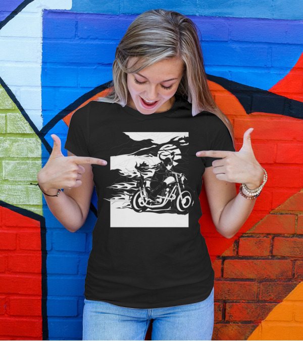 Devil Rider On Fiery Motorcycle With Flames In Black And White Scene T-Shirt