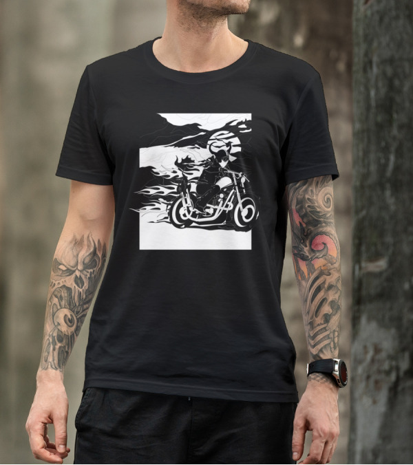 Devil Rider On Fiery Motorcycle With Flames In Black And White Scene T-Shirt