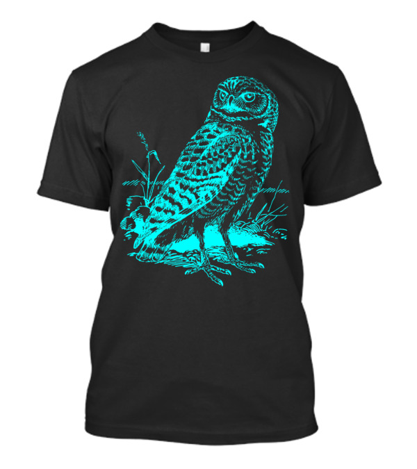 Cool Blue Owl Sketch With Nature Elements T-Shirt