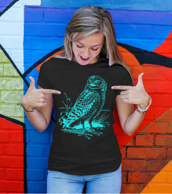 Cool Blue Owl Sketch With Nature Elements T-Shirt