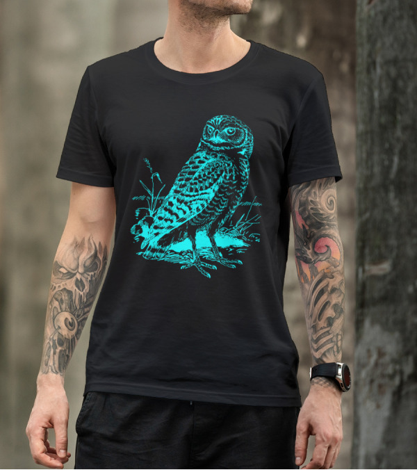 Cool Blue Owl Sketch With Nature Elements T-Shirt