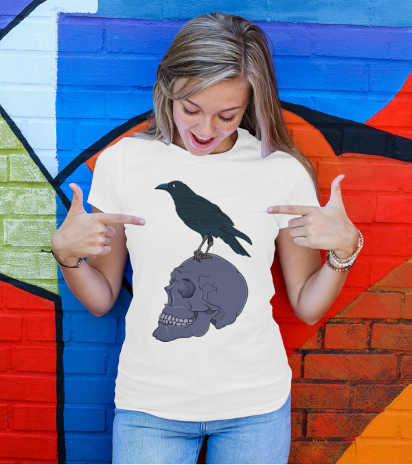Raven Perched On Human Skull T-Shirt