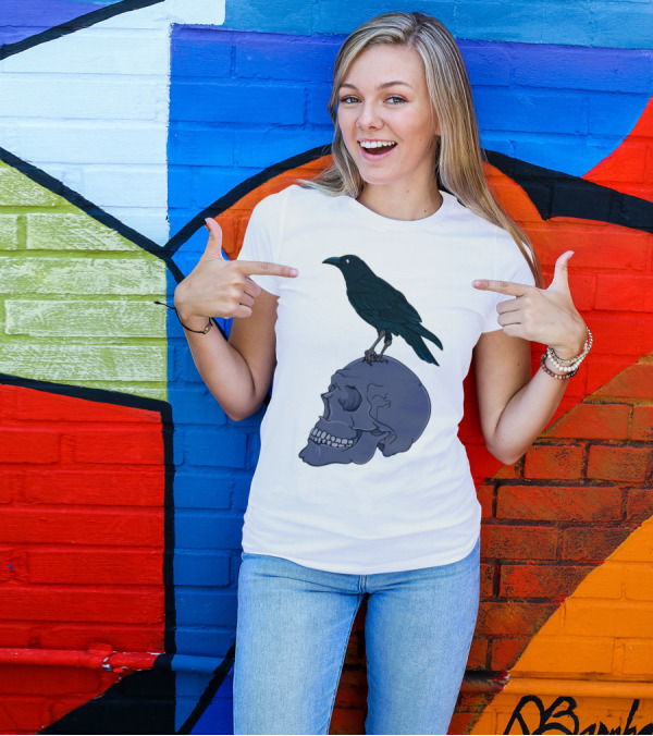 Raven Perched On Human Skull T-Shirt