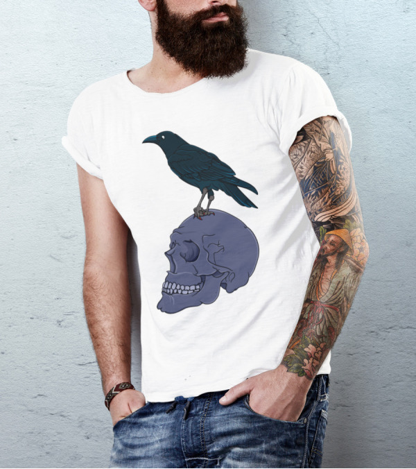Raven Perched On Human Skull T-Shirt