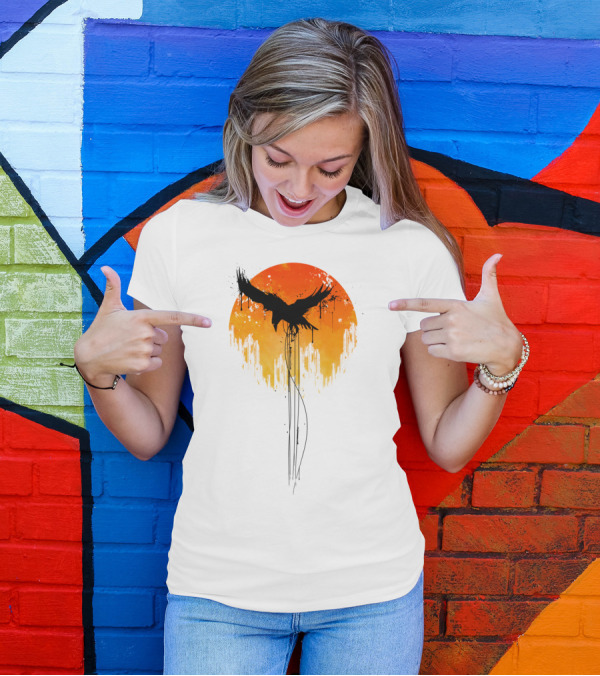 Raven Rises In Orange Sunset Skyline T-Shirt