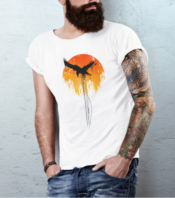 Raven Rises In Orange Sunset Skyline T-Shirt