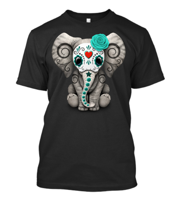 Blue Day Of The Dead Sugar Skull Baby Elephant With Turquoise Flower And Heart T-Shirt