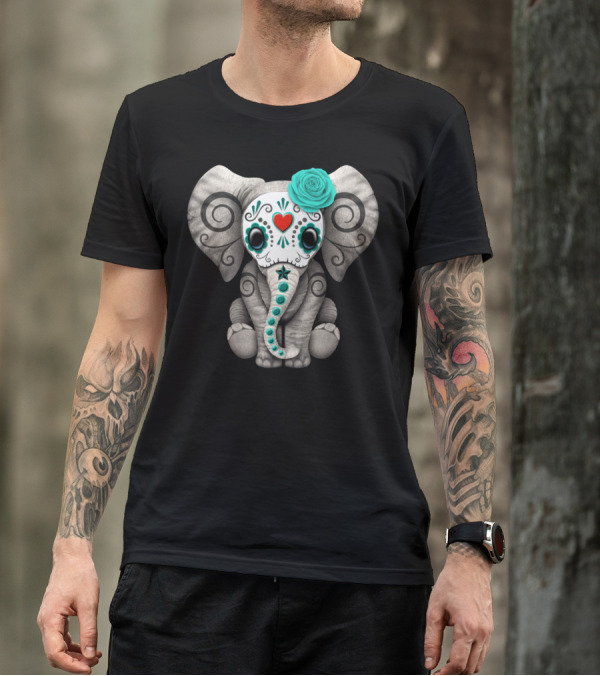 Blue Day Of The Dead Sugar Skull Baby Elephant With Turquoise Flower And Heart T-Shirt