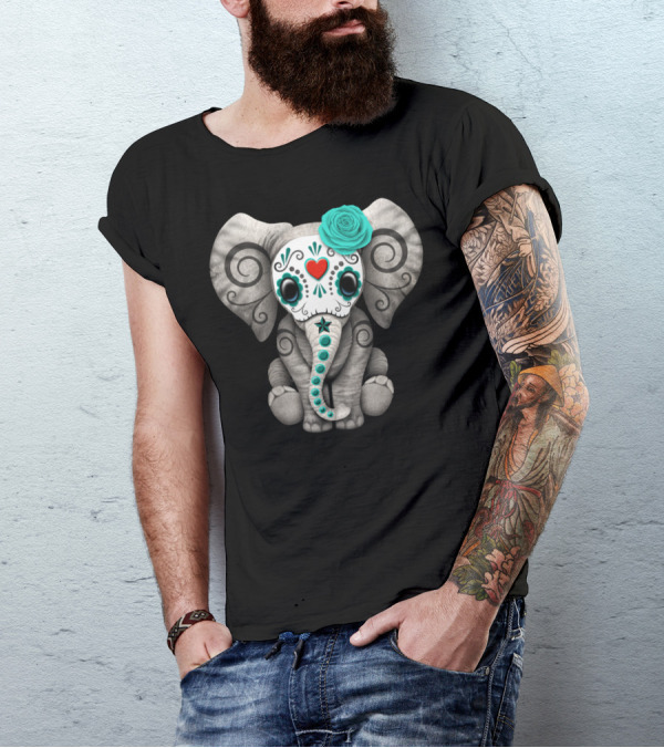 Blue Day Of The Dead Sugar Skull Baby Elephant With Turquoise Flower And Heart T-Shirt