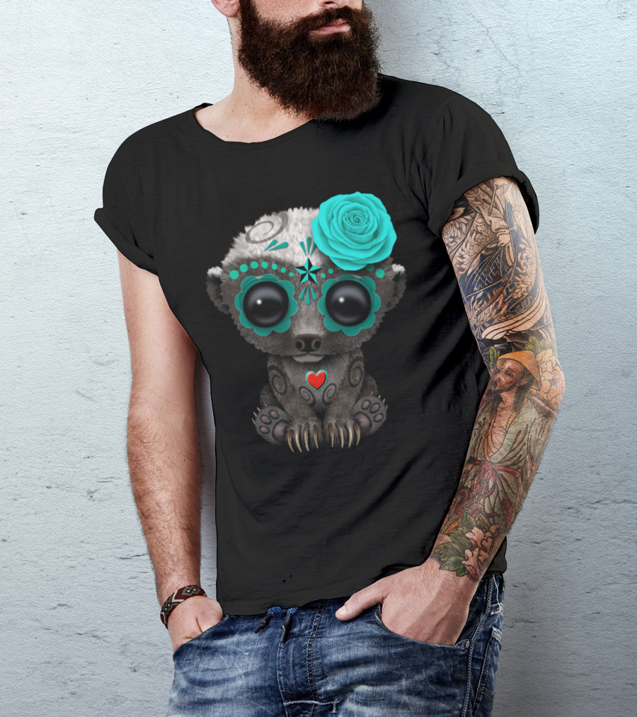 Blue Day Of The Dead Sugar Skull Honey Badger With Rose Flower T-Shirt