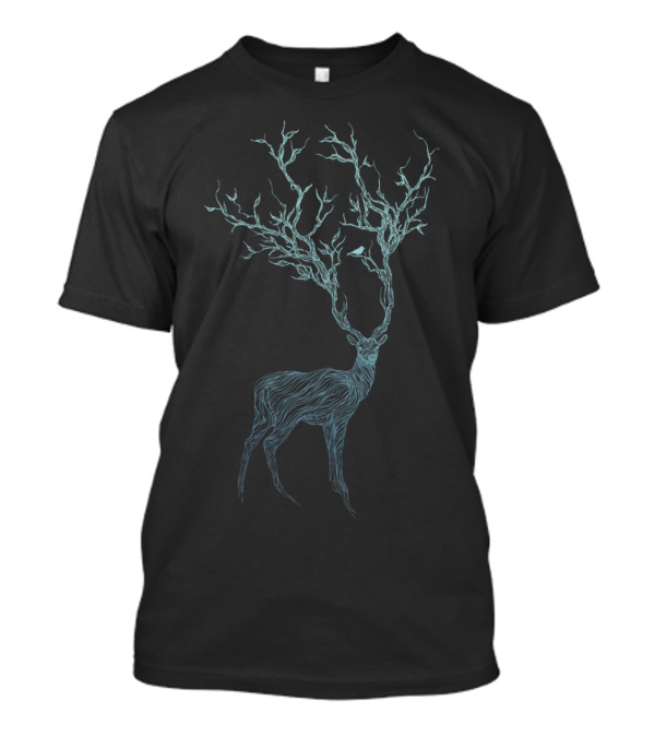 Blue Deer Antlers With Branches And Birds T-Shirt