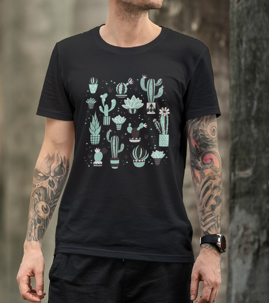 Cacti In A Pot Collection With Succulents And Geometric Planters T-Shirt