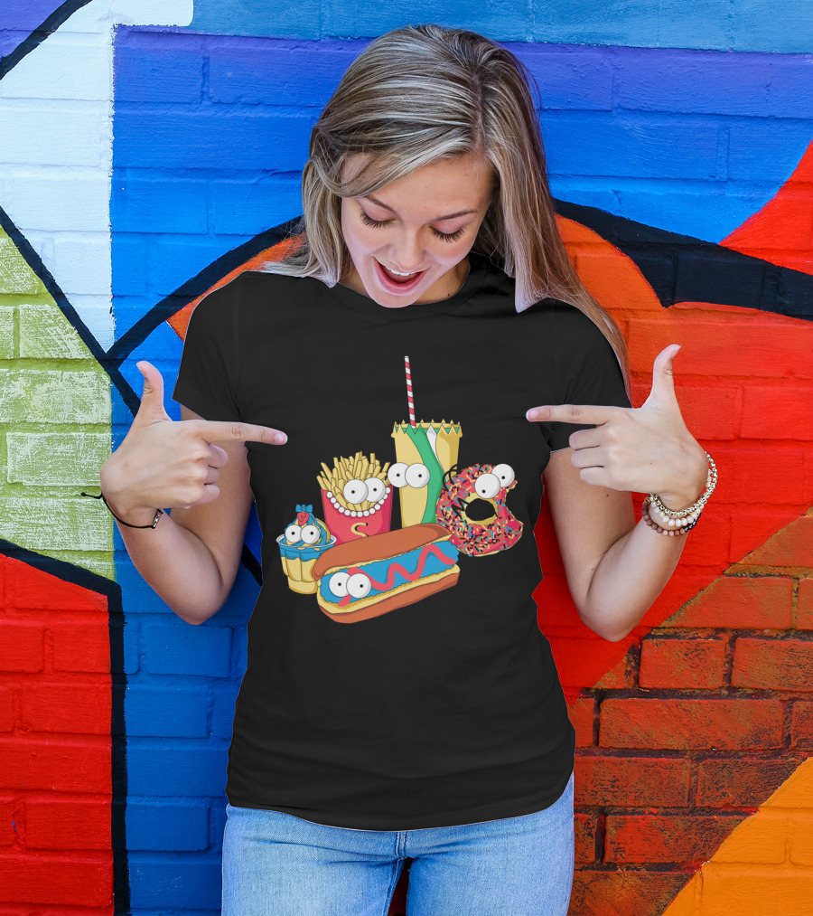 Mac Simpson Fast Food Characters Hot Dog Donut Fries Cupcake Drink T-Shirt